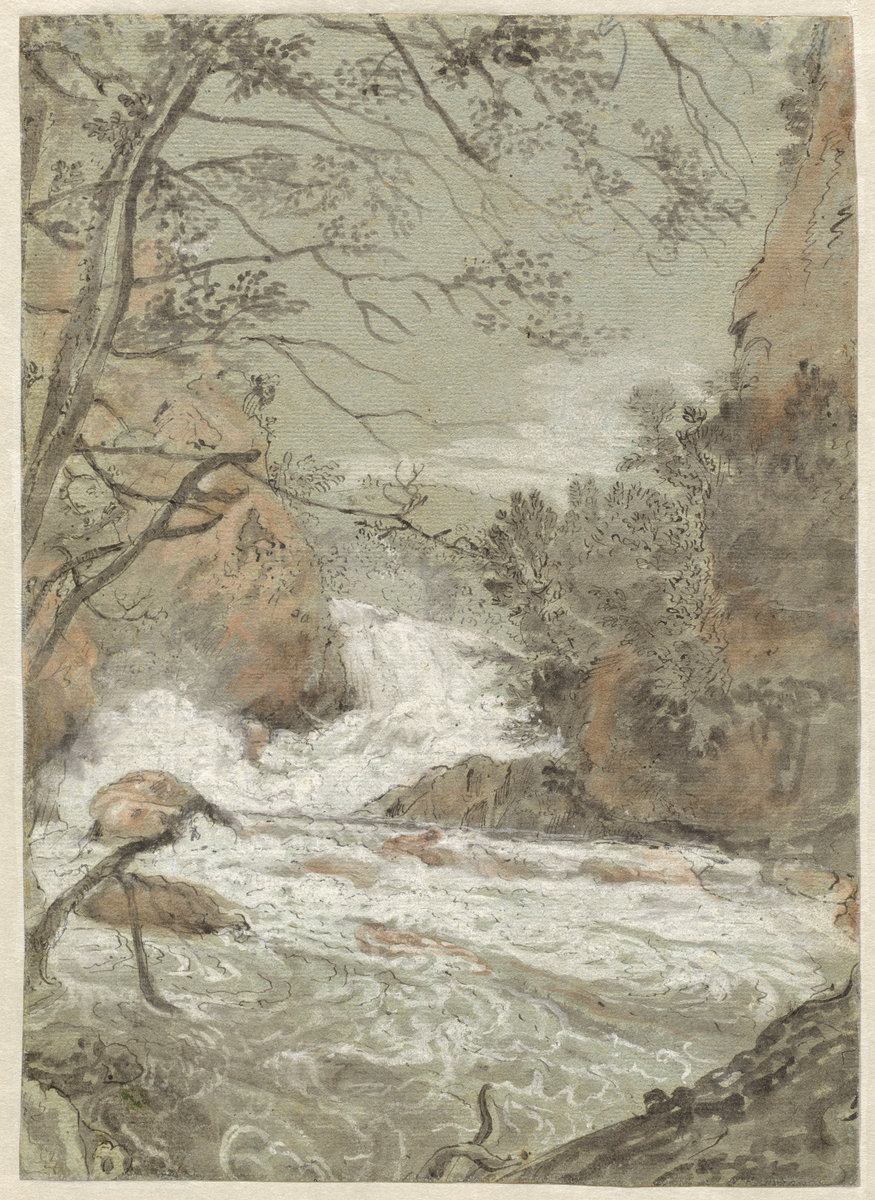 Joachim Franz Beich (German, 1665 - 1748 ), River Landscape with a Waterfall (recto), 1704/1714, pen and black ink with gray and red wash, heightened with white gouache on blue laid paper, Wolfgang Ratjen Collection, Purchased as the Gift of Alexander M. and Judith W. Laughlin 2007.111.50.a