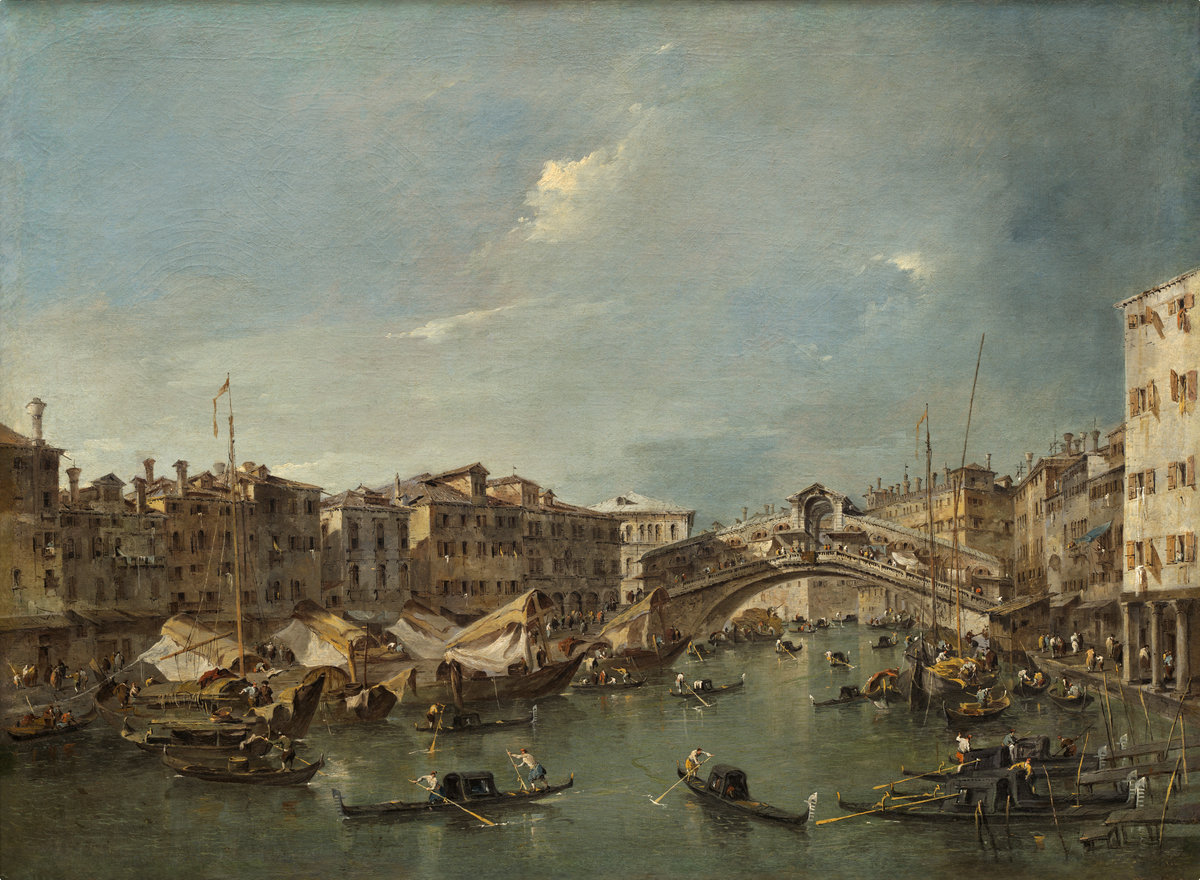 Francesco Guardi (Italian, 1712 - 1793 ), Grand Canal with the Rialto Bridge, Venice, probably c. 1780, oil on canvas, Widener Collection